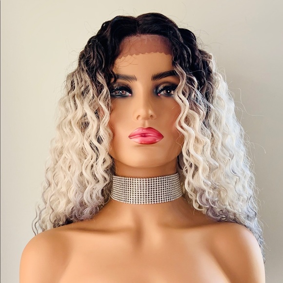 Wavy 28” Ombre White with Blue Lace Front Premium Fiber Wig - Picture 8 of 13
